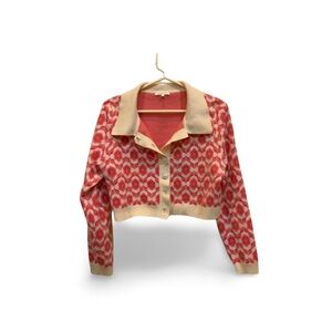 Baevley Pink Floral Knit Button-Up Cropped Cardigan Sweater Size L